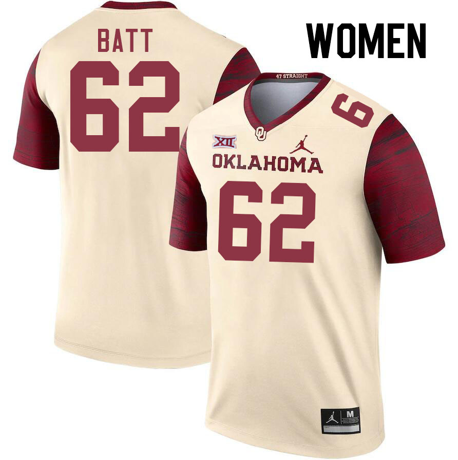 Women #62 Drew Batt Oklahoma Sooners College Football Jerseys Stitched Sale-Cream